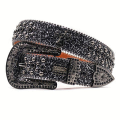 PU Leather Rhinestone Belt Flower Buckle Men