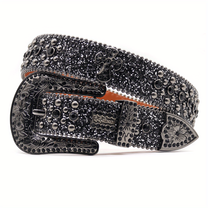 PU Leather Rhinestone Belt Flower Buckle Men