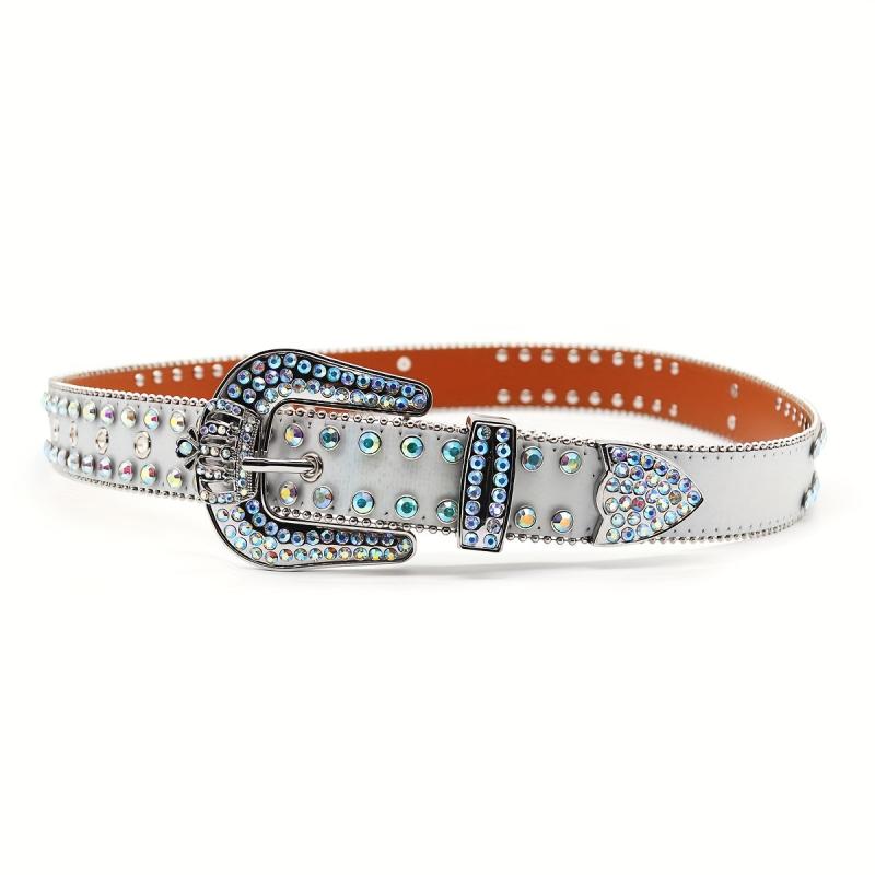 Men's Rhinestone Belt with Oval Gemstones and Rivet Design