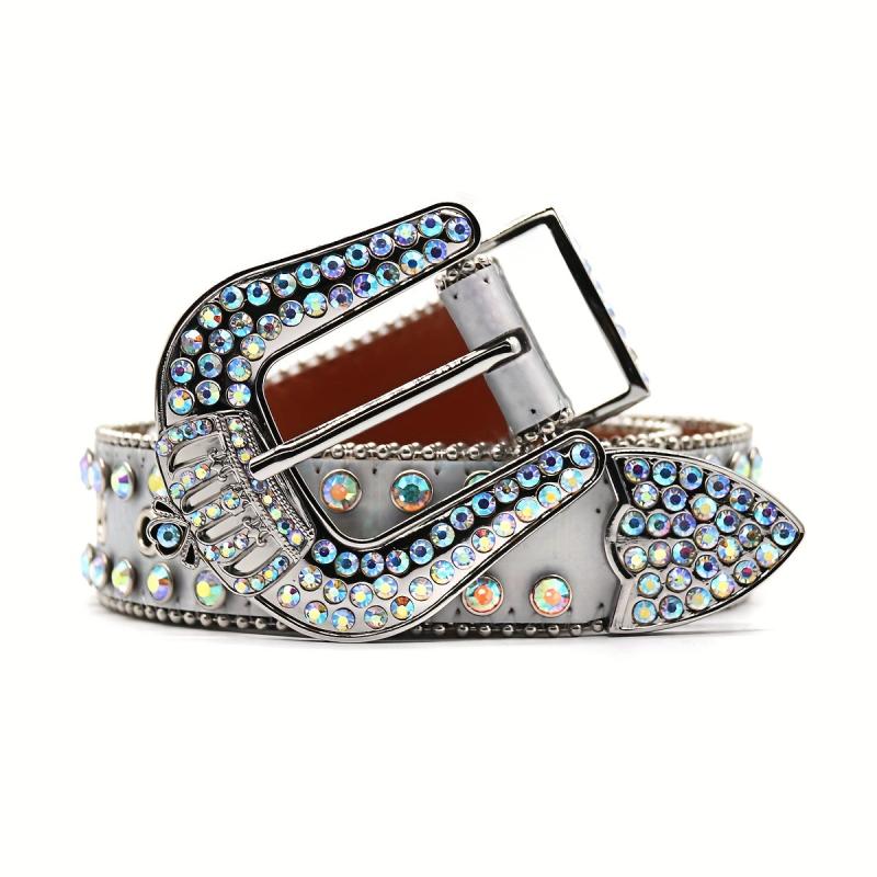 Men's Rhinestone Belt with Oval Gemstones and Rivet Design