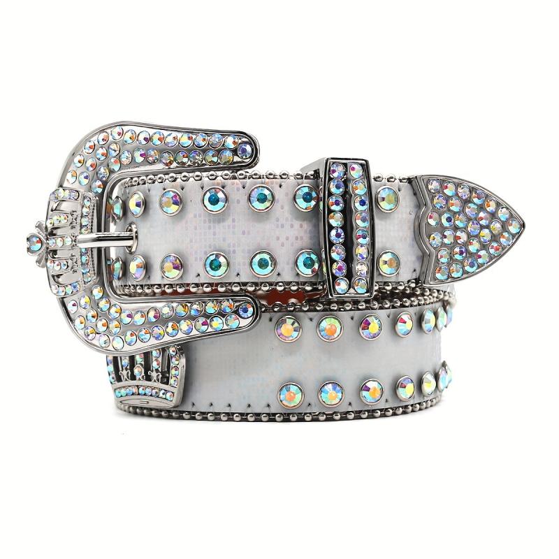 Men's Rhinestone Belt with Oval Gemstones and Rivet Design