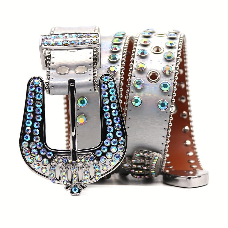 Men's Rhinestone Belt with Oval Gemstones and Rivet Design