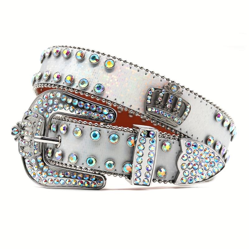 Men's Rhinestone Belt with Oval Gemstones and Rivet Design