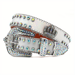 Men's Rhinestone Belt with Oval Gemstones and Rivet Design