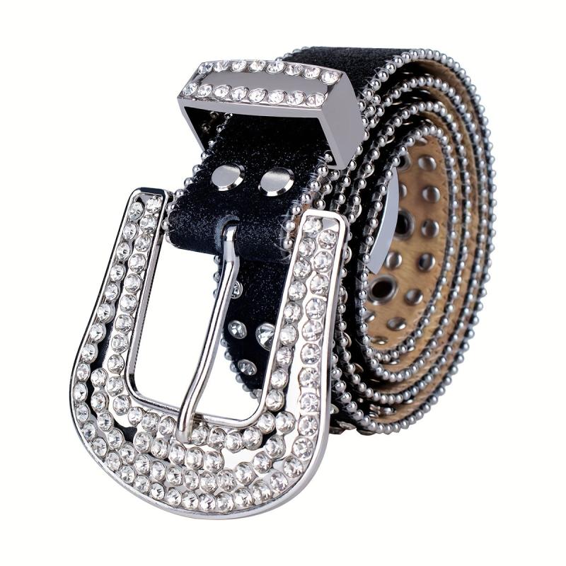 Cross Rivet Rhinestone Belt Punk Stone Studded Leather Belt Strap For Men