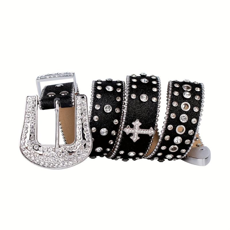 Cross Rivet Rhinestone Belt Punk Stone Studded Leather Belt Strap For Men