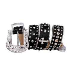 Cross Rivet Rhinestone Belt Punk Stone Studded Leather Belt Strap For Men