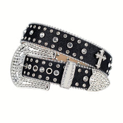 Cross Rivet Rhinestone Belt Punk Stone Studded Leather Belt Strap For Men