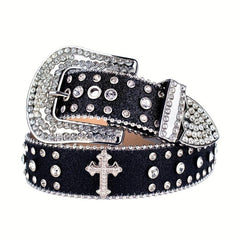 Cross Rivet Rhinestone Belt Punk Stone Studded Leather Belt Strap For Men