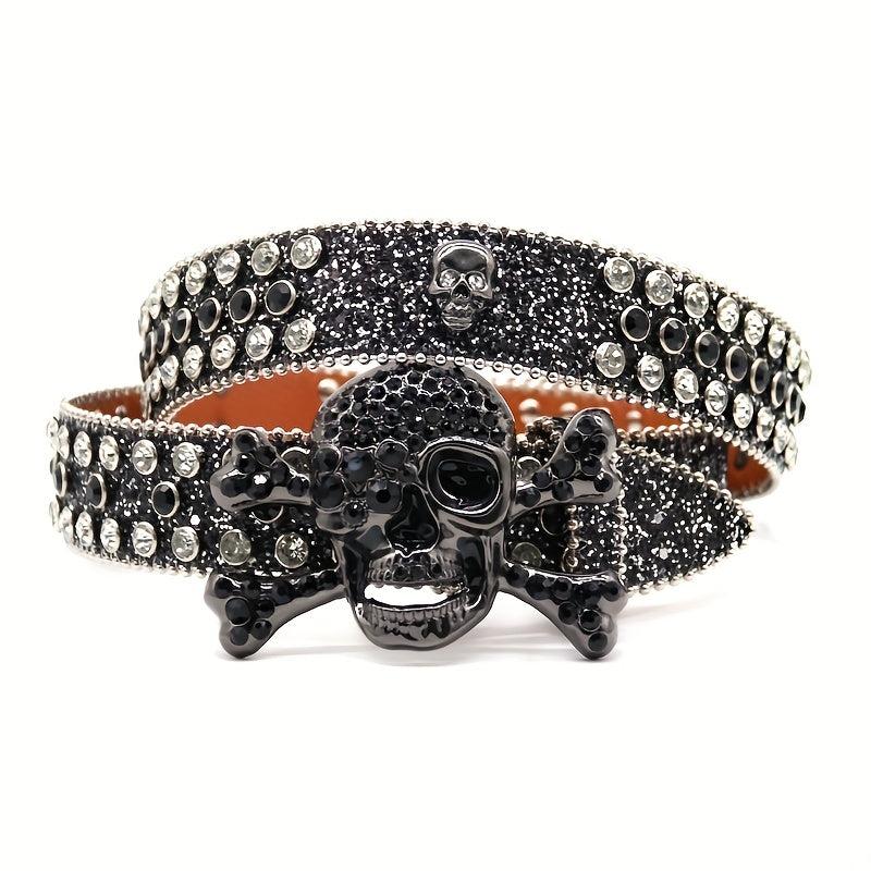 Skull Rhinestone Belt Hip Hop Punk PU Leather Belt Sparkle Studded Belts