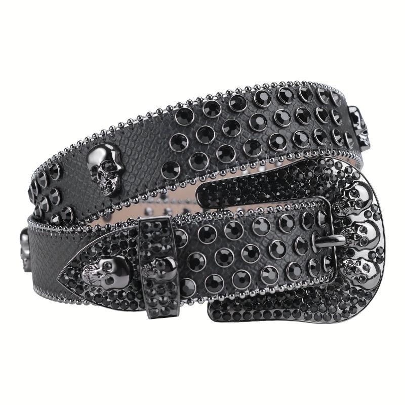 Sparkle Rhinestone Skull Belt Men's Denim Crystal Studs Jeans
