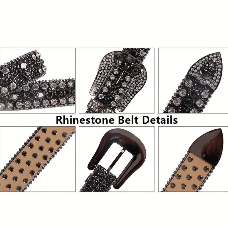 Men's Rhinestone Skull Belt Western Punk Leather Strap Crystal Buckle