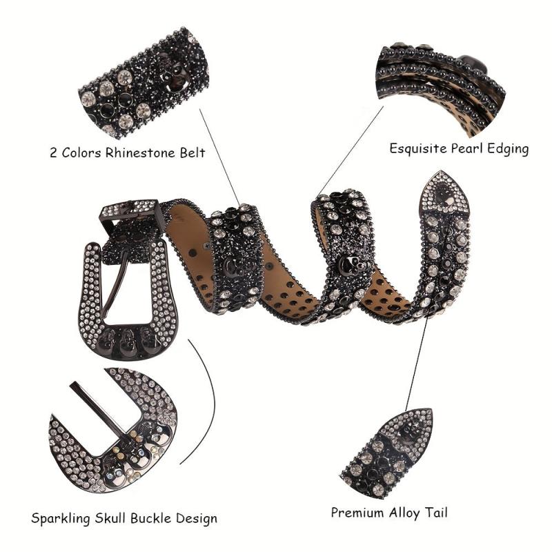 Men's Rhinestone Skull Belt Western Punk Leather Strap Crystal Buckle