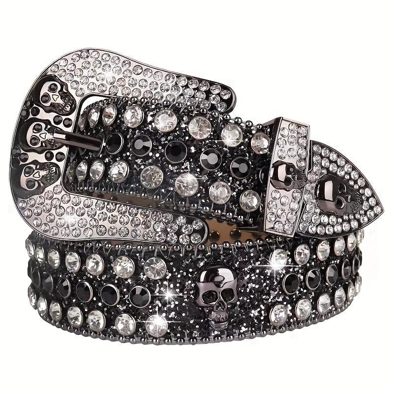 Men's Rhinestone Skull Belt Western Punk Leather Strap Crystal Buckle