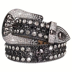 Men's Rhinestone Skull Belt Western Punk Leather Strap Crystal Buckle