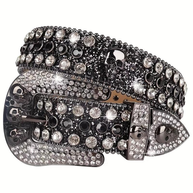 Men's Rhinestone Skull Belt Western Punk Leather Strap Crystal Buckle