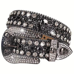 Men's Rhinestone Skull Belt Western Punk Leather Strap Crystal Buckle