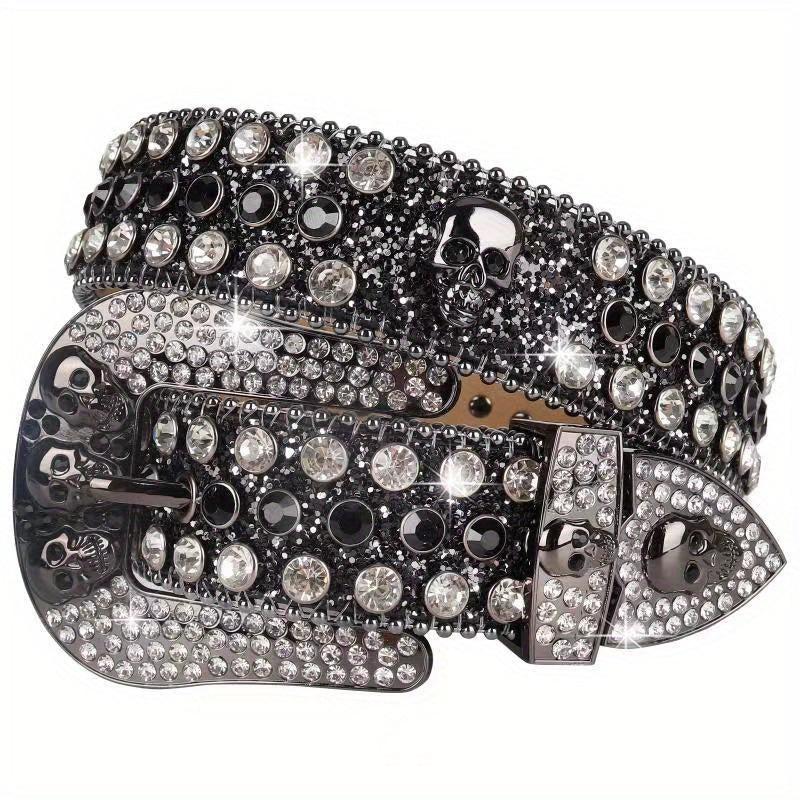 Men's Rhinestone Skull Belt Western Punk Leather Strap Crystal Buckle