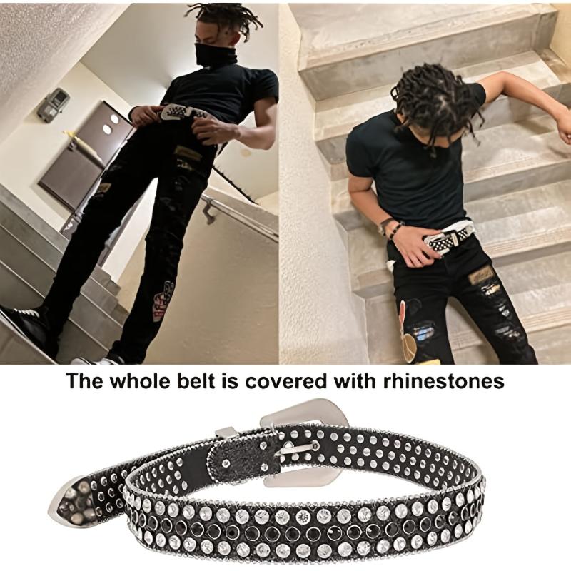 Men's Jeans Rhinestone Belt Western Denim Rivet PU Leather Belt