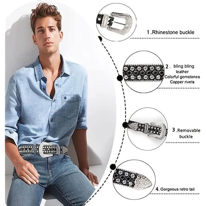 Men's Jeans Rhinestone Belt Western Denim Rivet PU Leather Belt