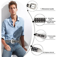Men's Jeans Rhinestone Belt Western Denim Rivet PU Leather Belt