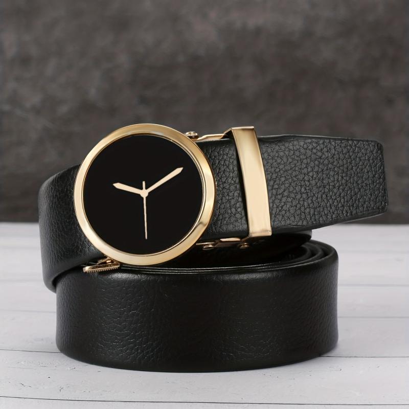 Men's Round Clock Automatic Buckle PU Leather Belt