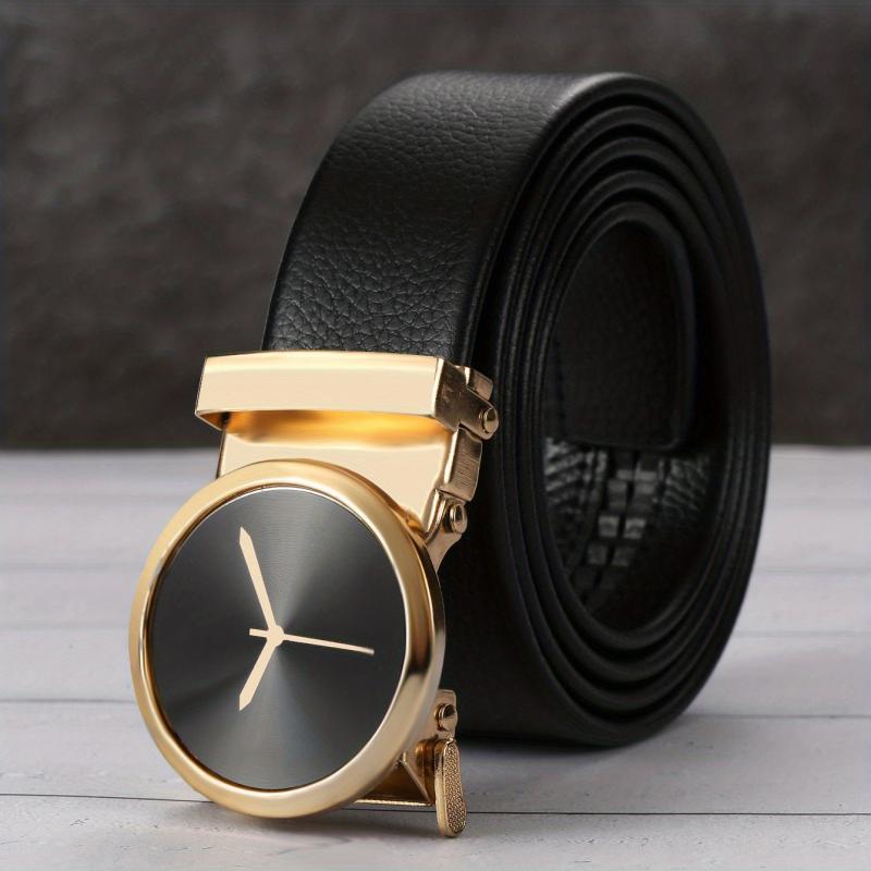 Men's Round Clock Automatic Buckle PU Leather Belt