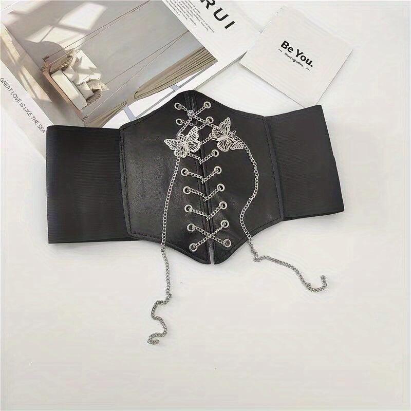 Wide Palace Style Waistband Corset Belt with Bow Chain