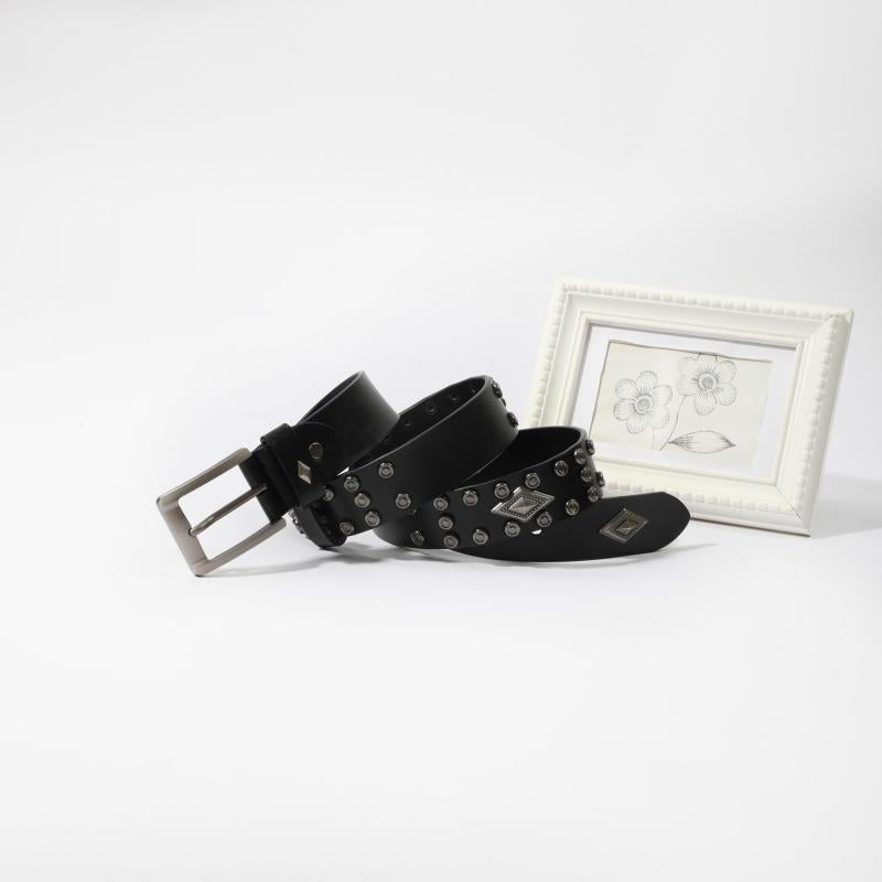 Vintage Rhombus Pattern Studded Leather Belt - Hip Hop Punk Style