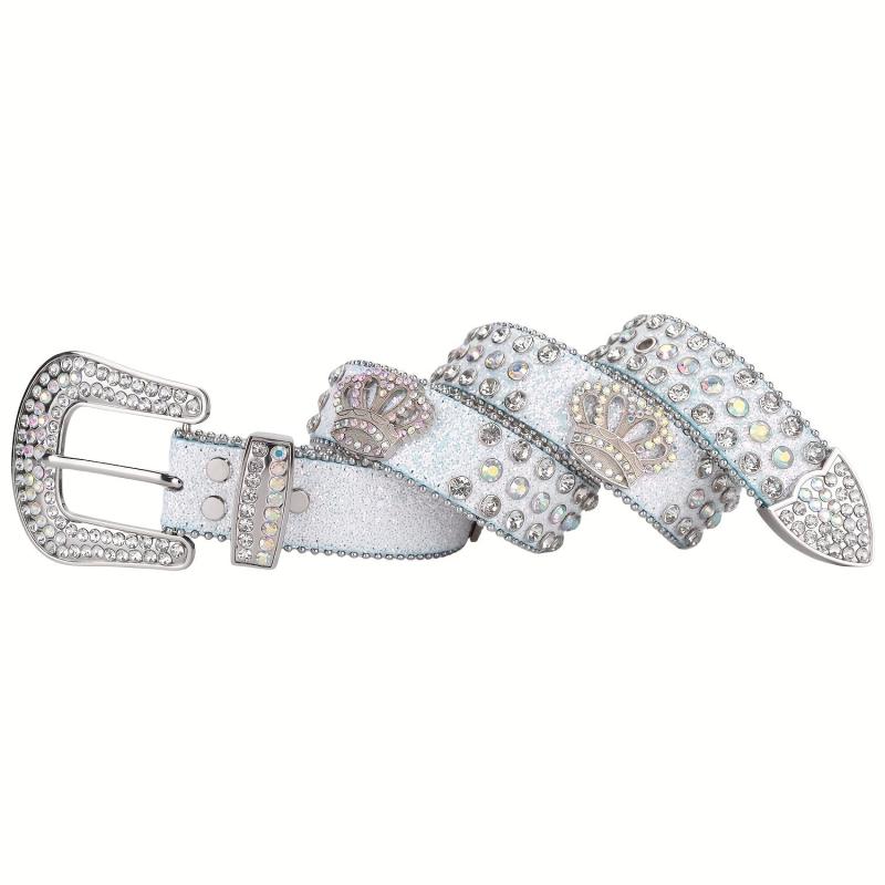 Crown Rhinestone PU Leather Belt Western Cowboy Crown Belt