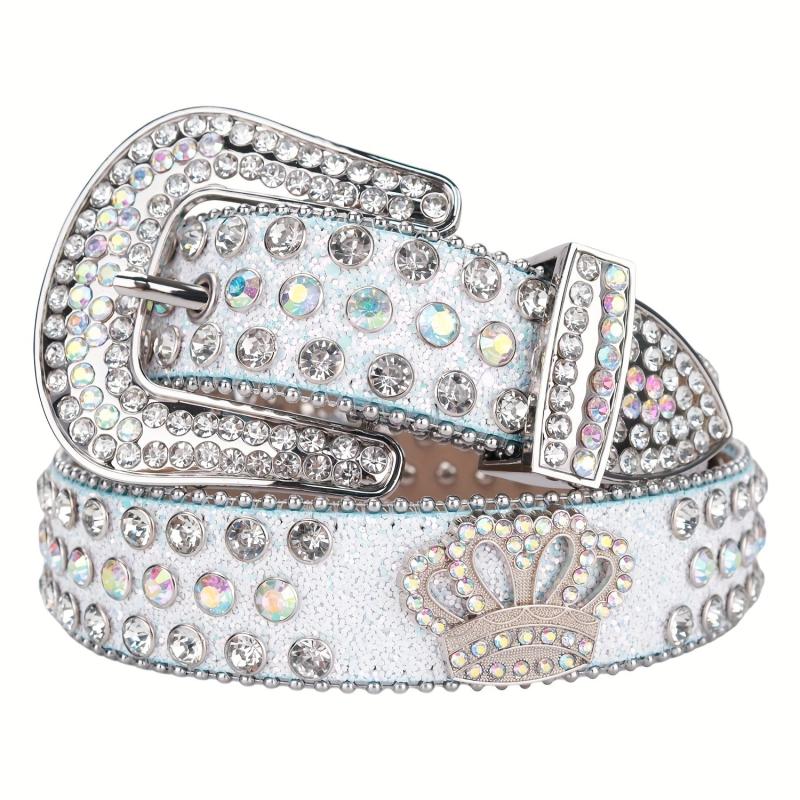 Crown Rhinestone PU Leather Belt Western Cowboy Crown Belt