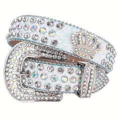 Crown Rhinestone PU Leather Belt Western Cowboy Crown Belt