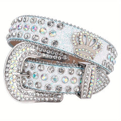 Crown Rhinestone PU Leather Belt Western Cowboy Crown Belt
