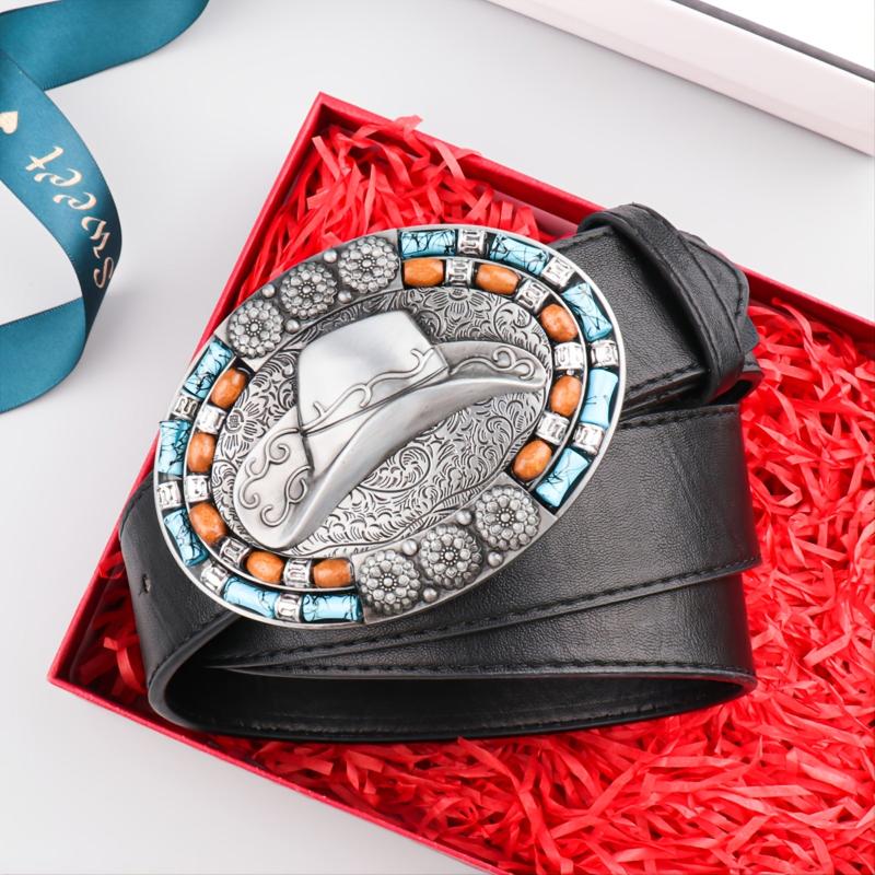 Men's Vintage Leather Cowboy Hat with Beads Oval Buckle Belt