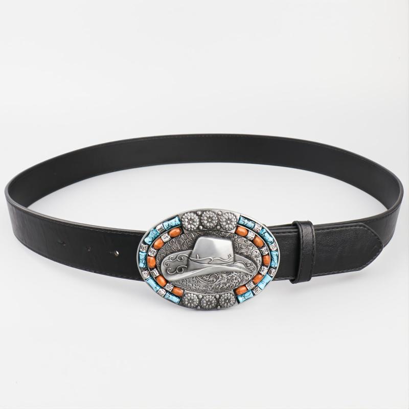 Men's Vintage Leather Cowboy Hat with Beads Oval Buckle Belt