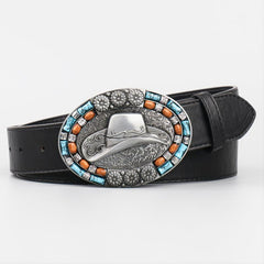Men's Vintage Leather Cowboy Hat with Beads Oval Buckle Belt