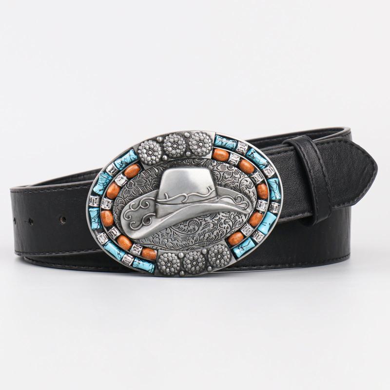 Men's Vintage Leather Cowboy Hat with Beads Oval Buckle Belt