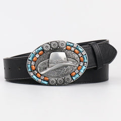 Men's Vintage Leather Cowboy Hat with Beads Oval Buckle Belt