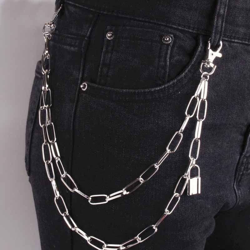 Men's Jeans Chain Punk Style Retro layer Chain Pants Chain Lock