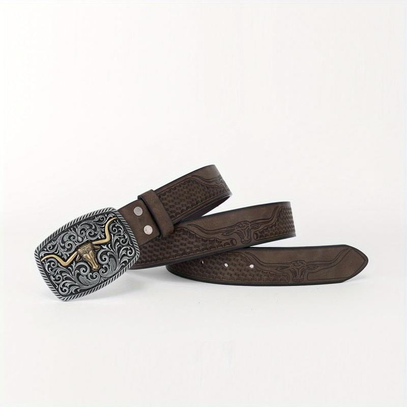 Cattle Head Floral Embossed Buckle Casual Western PU Leather Belt