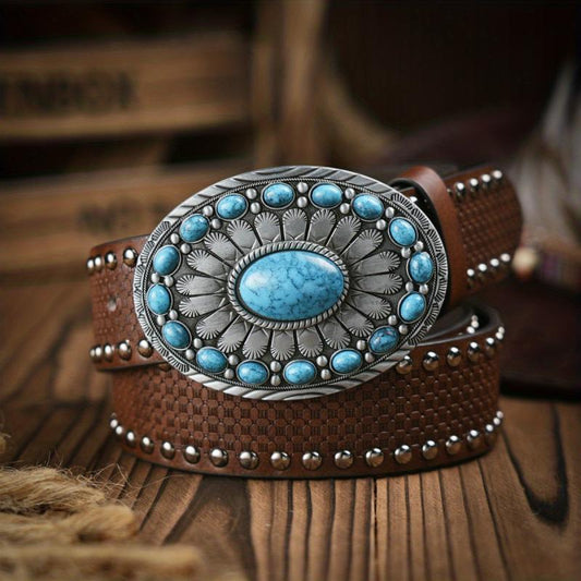 Men's Turquoise Buckle Pu Belt Vintage Western Cowboy Dress Belt
