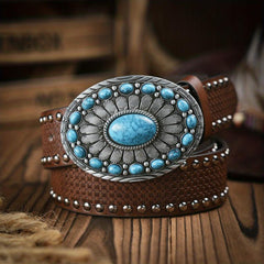 Men's Turquoise Buckle Pu Belt Vintage Western Cowboy Dress Belt