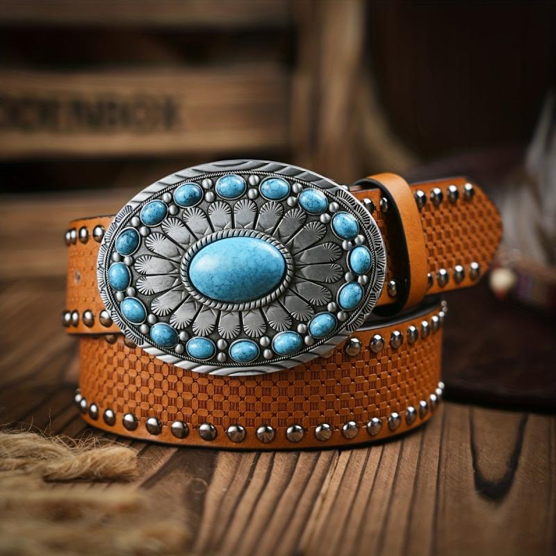 Men's Turquoise Buckle Pu Belt Vintage Western Cowboy Dress Belt