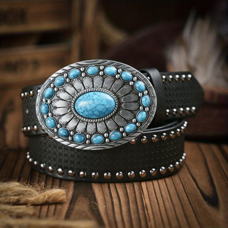 Men's Turquoise Buckle Pu Belt Vintage Western Cowboy Dress Belt