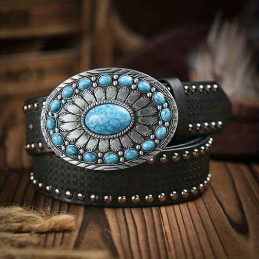 Men's Turquoise Buckle Pu Belt Vintage Western Cowboy Dress Belt
