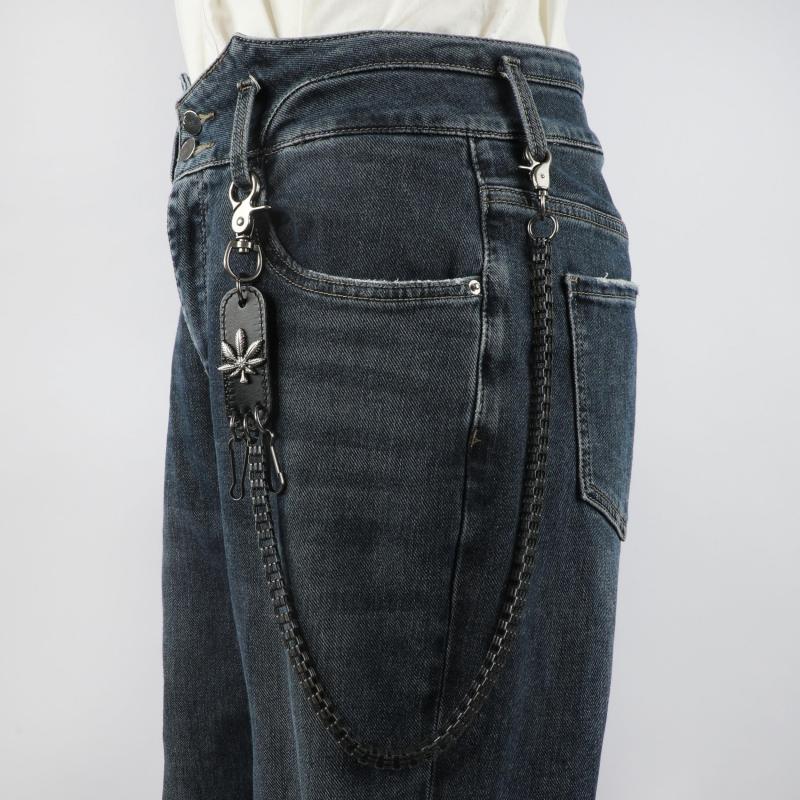 Men's Retro Metal Leaf Leather Card Plaid Waist Chain Pants Chain