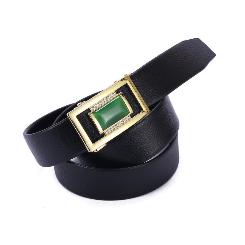 Men's Gemstone Leather Belt with Automatic Buckle & Jade Inlay