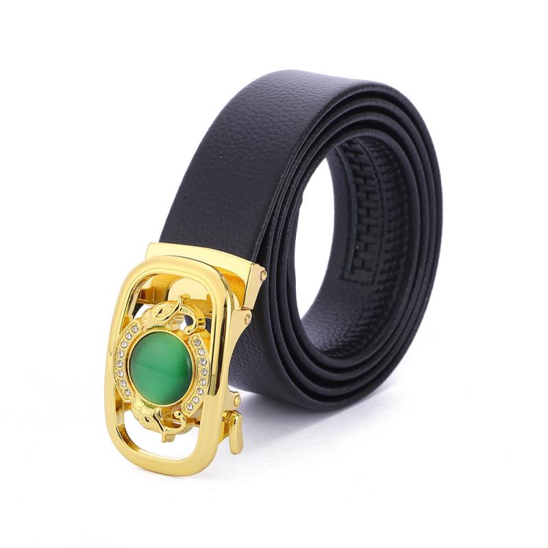 Men's Gemstone Leather Belt with Automatic Buckle & Jade Inlay