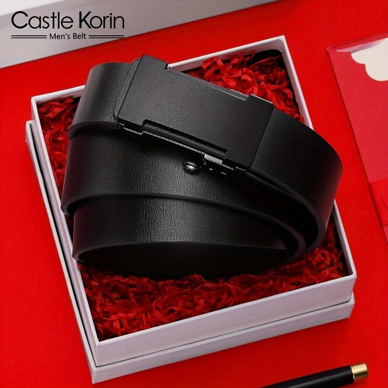 Men's Leather Automatic Buckle Business Belt Length 47.24in Width 3.12in
