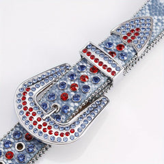 Punk Rock Wide Leather Belt with Rhinestone Inlay